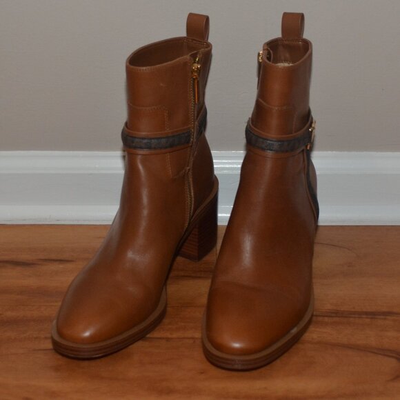 Michael Kors Womens 8.5 Brown Leather Mindy Block Heel Logo Zip Almond Boots - Picture 2 of 14